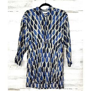Masai Womens L Blue Multi Tie Front Collared 3/4 Sleeve Viscose Tunic Blouse